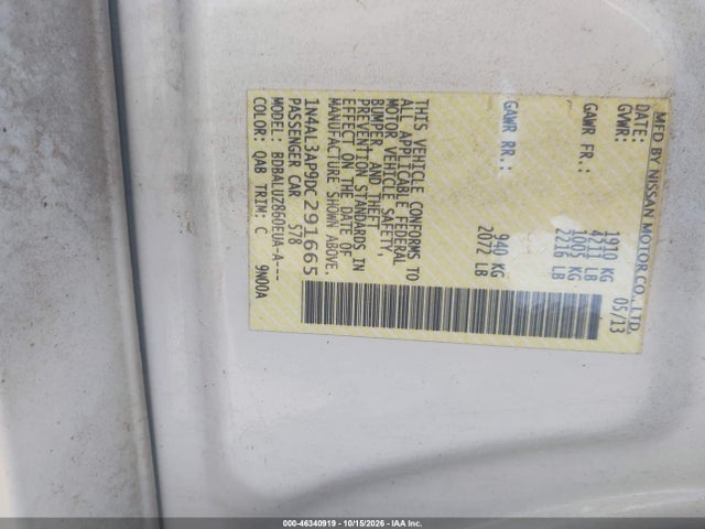 Aukcja sprzedaży 2013 Nissan Altima 2.5 Sv, vin: 1N4AL3AP9DC291665, numer aukcji: 46340919