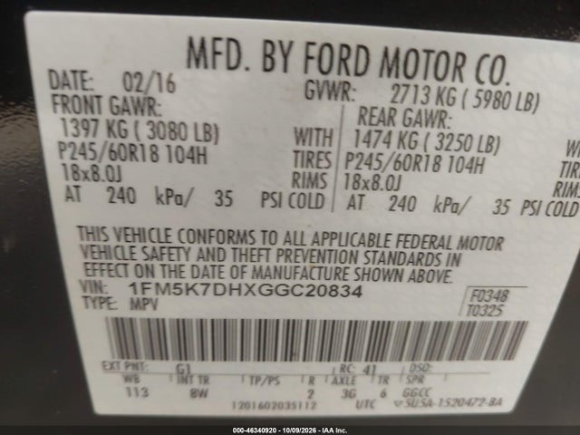 Aukcja sprzedaży 2016 Ford Explorer Xlt, vin: 1FM5K7DHXGGC20834, numer aukcji: 46340920