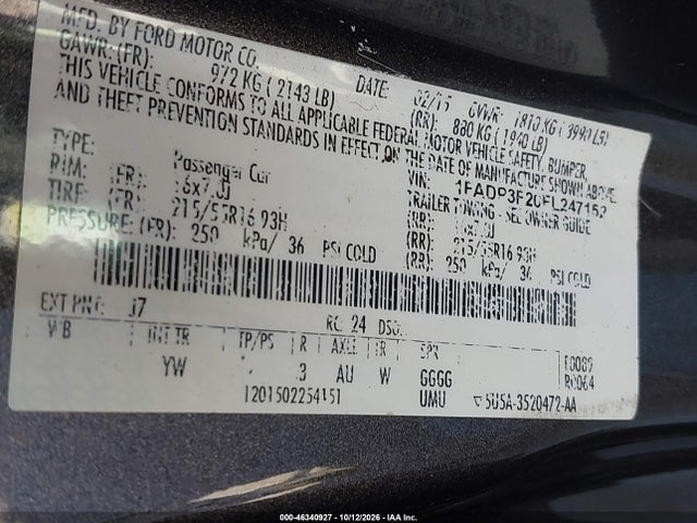 2015 Ford Focus Se მანქანა იყიდება აუქციონზე, vin: 1FADP3F20FL247152, აუქციონის ნომერი: 46340927