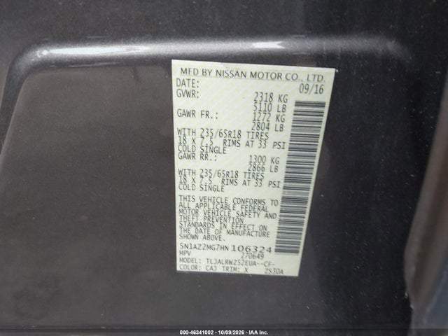 2017 Nissan Murano Sl მანქანა იყიდება აუქციონზე, vin: 5N1AZ2MG7HN106324, აუქციონის ნომერი: 46341002