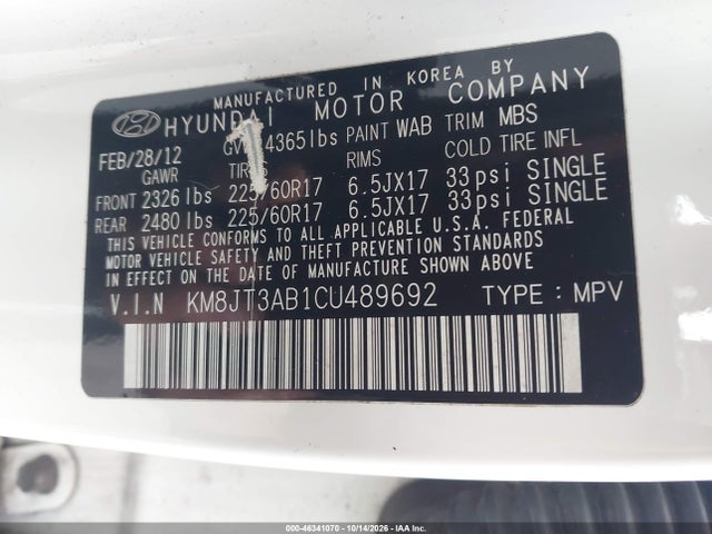 Продаж на аукціоні авто 2012 Hyundai Tucson Gl, vin: KM8JT3AB1CU489692, номер лоту: 46341070