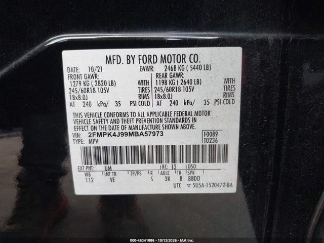 2021 Ford Edge Sel მანქანა იყიდება აუქციონზე, vin: 2FMPK4J99MBA57973, აუქციონის ნომერი: 46341086