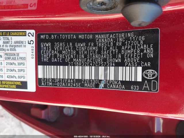 Aukcja sprzedaży 2007 Toyota Corolla Ce, vin: 2T1BR32E47C757394, numer aukcji: 46341088