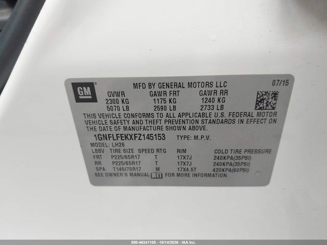 Aukcja sprzedaży 2015 Chevrolet Equinox 1lt, vin: 1GNFLFEKXFZ145153, numer aukcji: 46341105