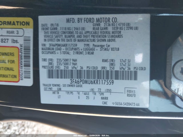 Продажа на аукционе авто 2019 Ford Fusion Hybrid Sel, vin: 3FA6P0MU6KR117559, номер лота: 46341161