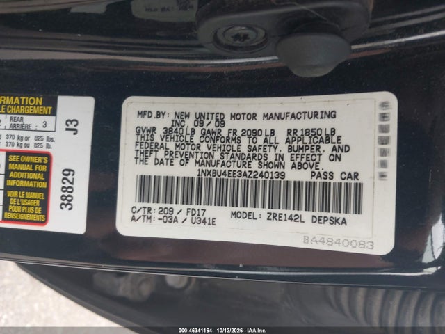 46341164 :رقم المزاد ، 1NXBU4EE3AZ240139 vin ، 2010 Toyota Corolla S مزاد بيع