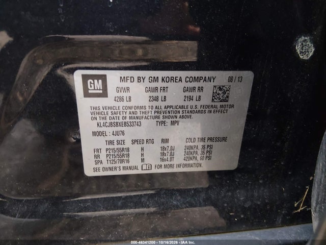 2014 Buick Encore Convenience მანქანა იყიდება აუქციონზე, vin: KL4CJBSBXEB533743, აუქციონის ნომერი: 46341200