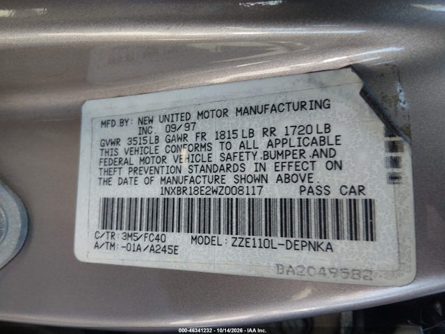 Продаж на аукціоні авто 1998 Toyota Corolla Ve/ce/le, vin: 1NXBR18E2WZ008117, номер лоту: 46341232