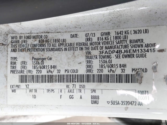 46341260 :رقم المزاد ، 3FADP4BJ6EM133415 vin ، 2014 Ford Fiesta Se مزاد بيع