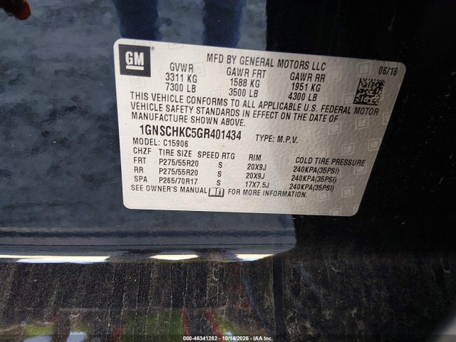 46341282 :رقم المزاد ، 1GNSCHKC5GR401434 vin ، 2016 Chevrolet Suburban Lt مزاد بيع