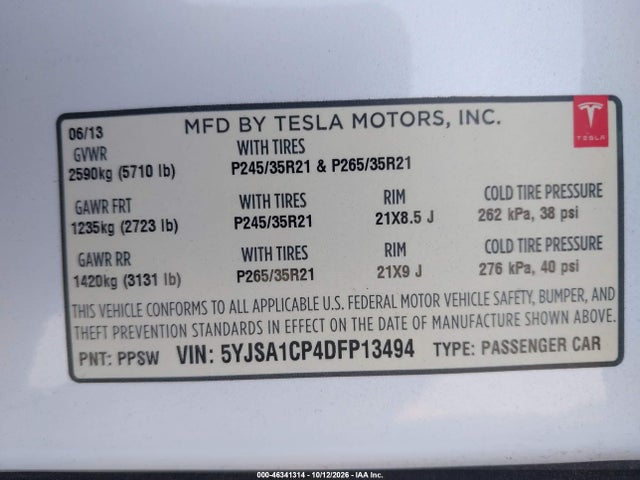 Продаж на аукціоні авто 2013 Tesla Model S Performance, vin: 5YJSA1CP4DFP13494, номер лоту: 46341314