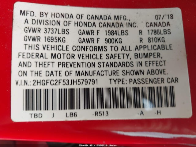 Продажа на аукционе авто 2018 Honda Civic Lx, vin: 2HGFC2F53JH579791, номер лота: 46341381