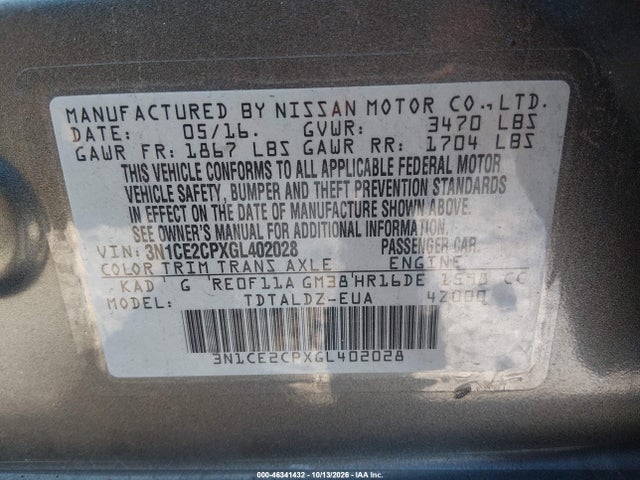 46341432 :رقم المزاد ، 3N1CE2CPXGL402028 vin ، 2016 Nissan Versa Note S (sr)/s Plus/sl/sr/sv مزاد بيع