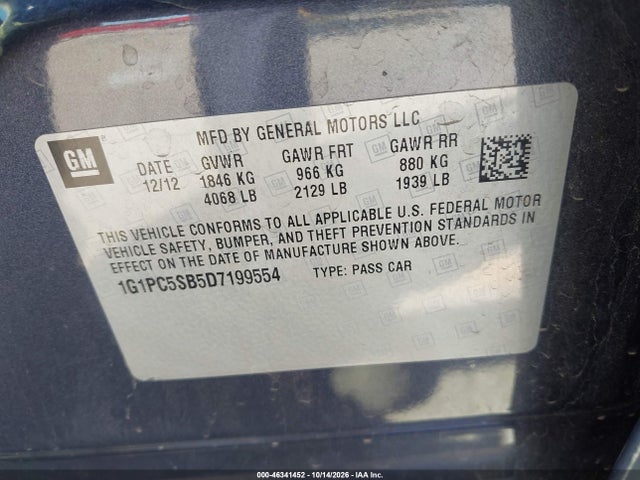 Aukcja sprzedaży 2013 Chevrolet Cruze 1lt Auto, vin: 1G1PC5SB5D7199554, numer aukcji: 46341452