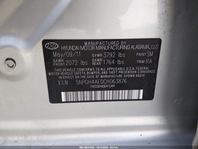 Aukcja sprzedaży 2012 Hyundai Elantra Gls, vin: 5NPDH4AE0CH063876, numer aukcji: 46341462