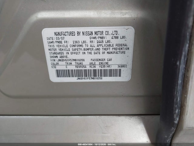 2007 Infiniti G35x მანქანა იყიდება აუქციონზე, vin: JNKBV61F57M816056, აუქციონის ნომერი: 46341504