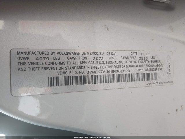 2011 Volkswagen Jetta 2.0l S მანქანა იყიდება აუქციონზე, vin: 3VW2K7AJ6BM061823, აუქციონის ნომერი: 46341507