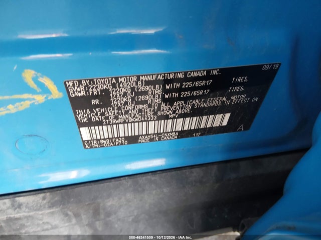 46341509 :رقم المزاد ، 2T3RWRFV9KW044333 vin ، 2019 Toyota Rav4 Hybrid Xle مزاد بيع