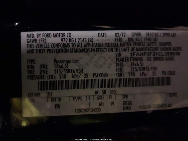 46341531 :رقم المزاد ، 1FAHP3F21CL355938 vin ، 2012 Ford Focus Se مزاد بيع