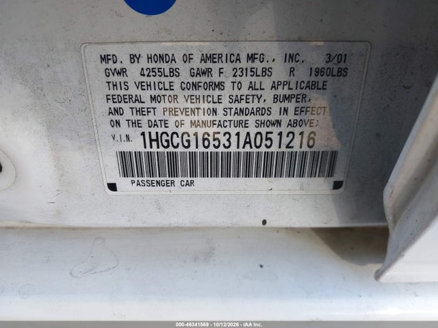 Продажа на аукционе авто 2001 Honda Accord 3.0 Ex, vin: 1HGCG16531A051216, номер лота: 46341569