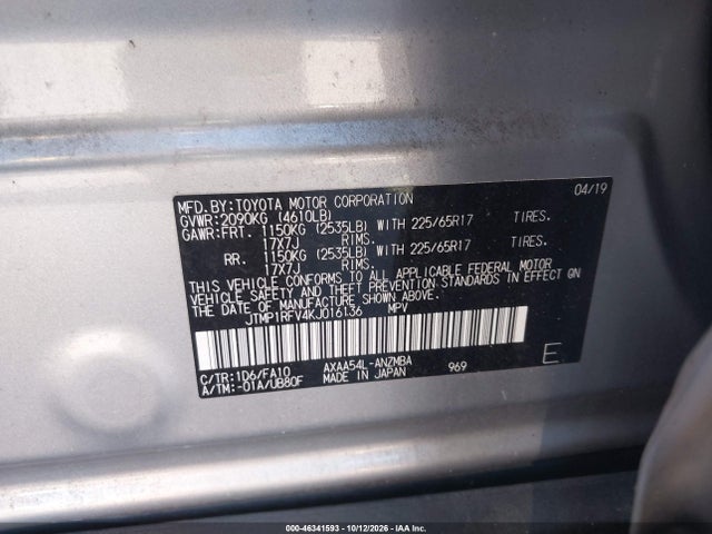 46341593 :رقم المزاد ، JTMP1RFV4KJ016136 vin ، 2019 Toyota Rav4 Xle مزاد بيع