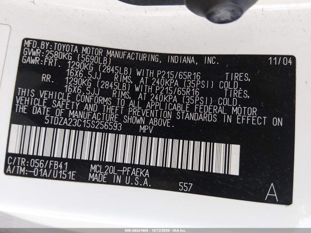 Aukcja sprzedaży 2005 Toyota Sienna Le, vin: 5TDZA23C15S256593, numer aukcji: 46341665