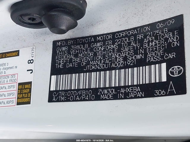 Aukcja sprzedaży 2010 Toyota Prius Iii, vin: JTDKN3DU1A0021921, numer aukcji: 46341679