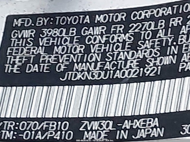 Aukcja sprzedaży 2010 Toyota Prius Iii, vin: JTDKN3DU1A0021921, numer aukcji: 46341679