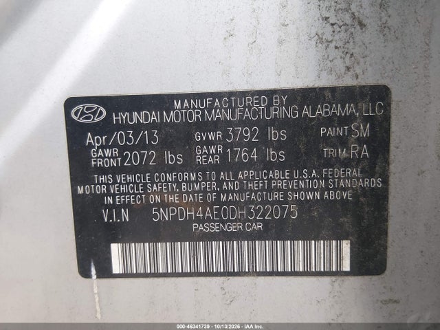 Aukcja sprzedaży 2013 Hyundai Elantra Gls, vin: 5NPDH4AE0DH322075, numer aukcji: 46341739