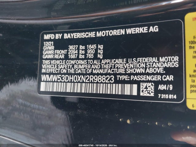 2022 Mini Hardtop Cooper S მანქანა იყიდება აუქციონზე, vin: WMW53DH0XN2R98823, აუქციონის ნომერი: 46341745