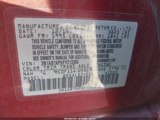 2015 Nissan Sentra Sv მანქანა იყიდება აუქციონზე, vin: 3N1AB7APXFY213364, აუქციონის ნომერი: 46341749