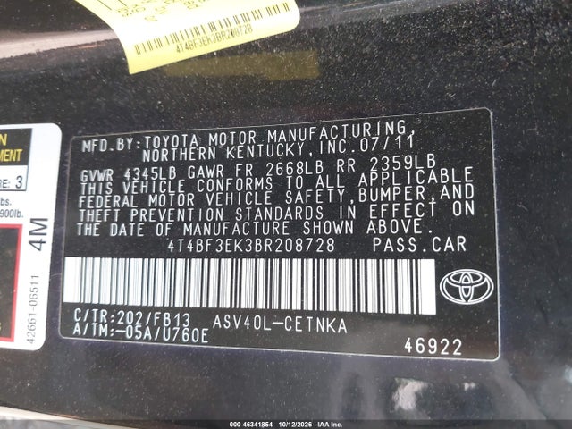 46341854 :رقم المزاد ، 4T4BF3EK3BR208728 vin ، 2011 Toyota Camry Le مزاد بيع