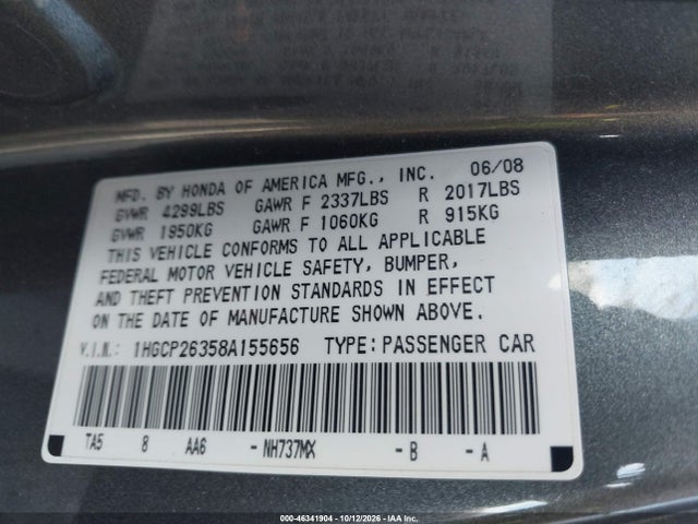 Продаж на аукціоні авто 2008 Honda Accord 2.4 Lx, vin: 1HGCP26358A155656, номер лоту: 46341904