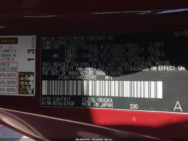 Aukcja sprzedaży 2008 Toyota Fj Cruiser, vin: JTEBU11F68K030590, numer aukcji: 46341918