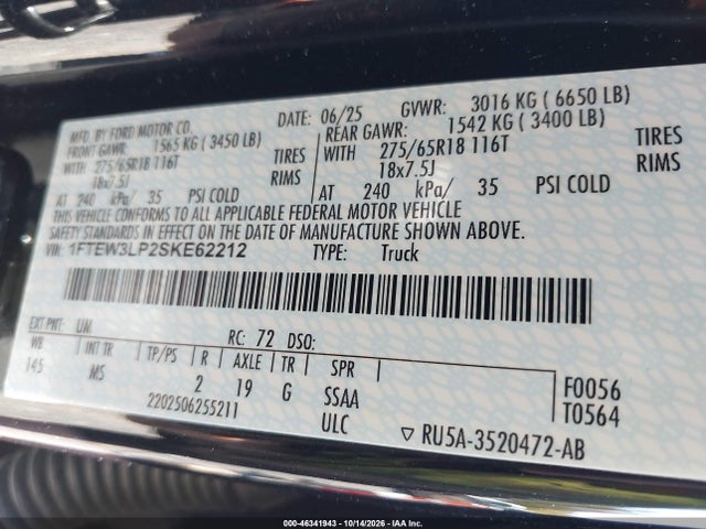 46341943 :رقم المزاد ، 1FTEW3LP2SKE62212 vin ، 2025 Ford F-150 Xlt مزاد بيع