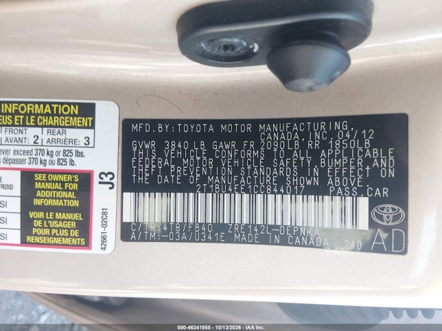 Aukcja sprzedaży 2012 Toyota Corolla S/le, vin: 2T1BU4EE1CC844017, numer aukcji: 46341950