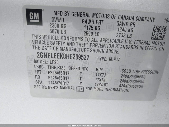 46342030 :رقم المزاد ، 2GNFLEEK8H6209537 vin ، 2017 Chevrolet Equinox Ls مزاد بيع