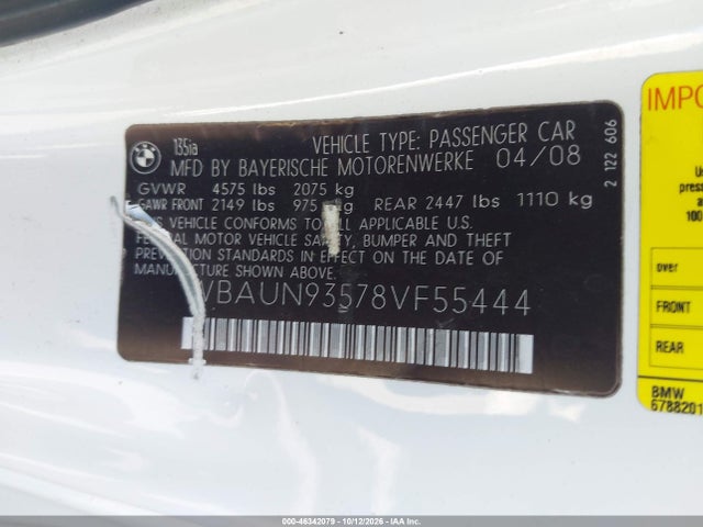 Продаж на аукціоні авто 2008 Bmw 135i, vin: WBAUN93578VF55444, номер лоту: 46342079
