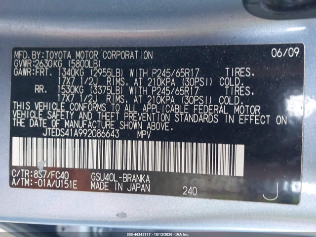 Продажа на аукционе авто 2009 Toyota Highlander, vin: JTEDS41A992086643, номер лота: 46342117