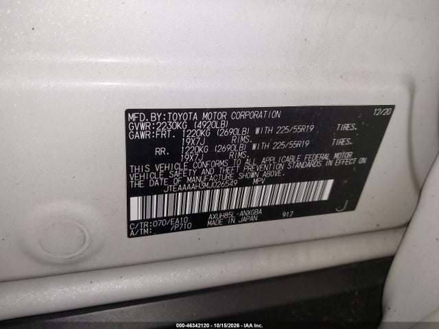 2021 Toyota Venza Xle მანქანა იყიდება აუქციონზე, vin: JTEAAAAH3MJ026549, აუქციონის ნომერი: 46342120