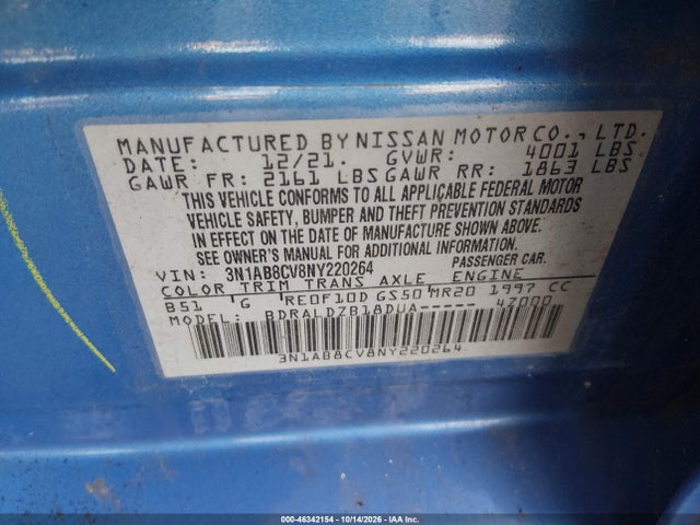 Продажа на аукционе авто 2022 Nissan Sentra Sv Xtronic Cvt, vin: 3N1AB8CV8NY220264, номер лота: 46342154
