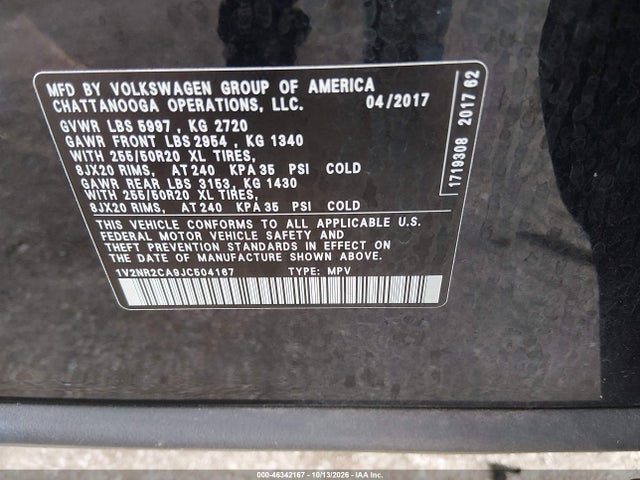 Продажа на аукционе авто 2018 Volkswagen Atlas 3.6l V6 Sel Premium, vin: 1V2NR2CA9JC504167, номер лота: 46342167