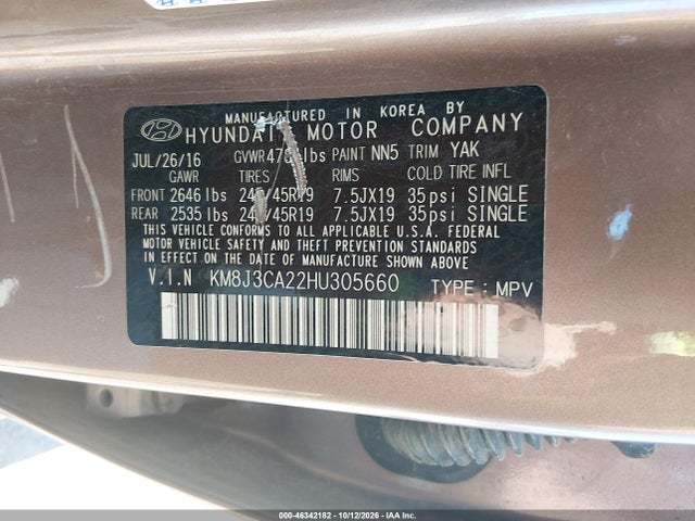 Продаж на аукціоні авто 2017 Hyundai Tucson Limited, vin: KM8J3CA22HU305660, номер лоту: 46342182