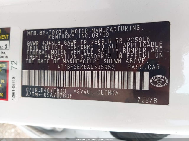 Продаж на аукціоні авто 2010 Toyota Camry Le, vin: 4T1BF3EK8AU535957, номер лоту: 46342210