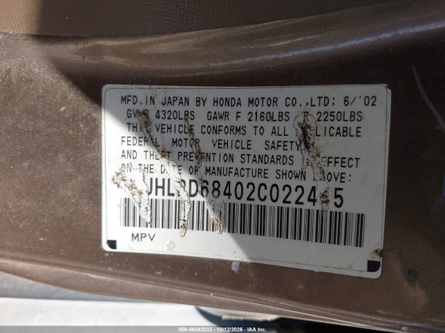 Продаж на аукціоні авто 2002 Honda Cr-v Lx, vin: JHLRD68402C022445, номер лоту: 46342232