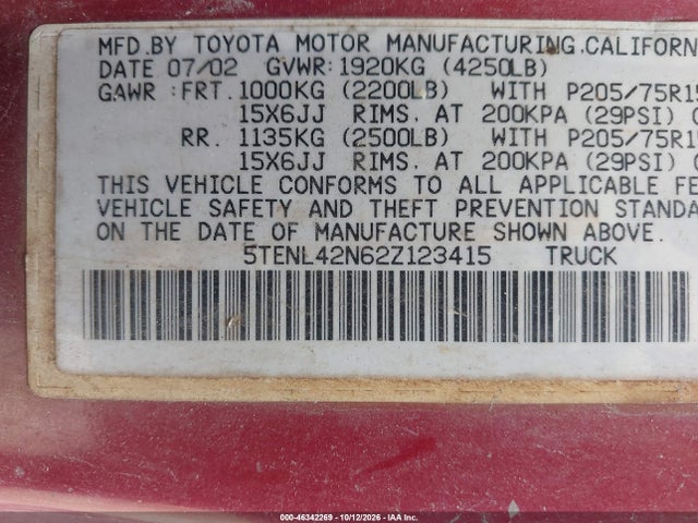 Aukcja sprzedaży 2002 Toyota Tacoma, vin: 5TENL42N62Z123415, numer aukcji: 46342269