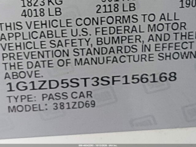1G1ZD5ST3SF156168 Chevrolet Malibu Fwd 1lt