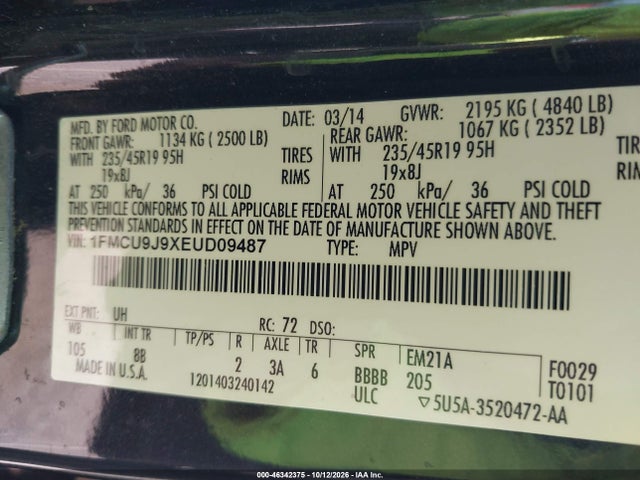 46342375 :رقم المزاد ، 1FMCU9J9XEUD09487 vin ، 2014 Ford Escape Titanium مزاد بيع
