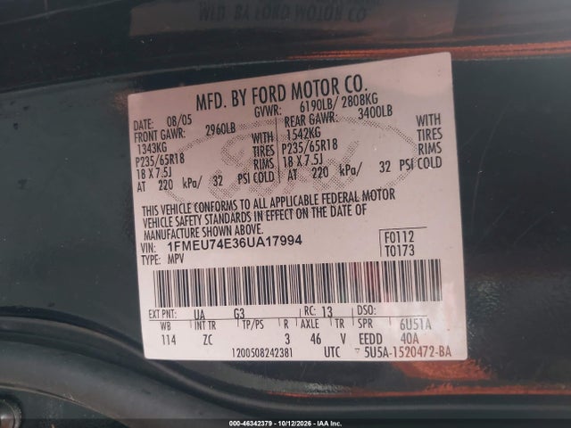 Продажа на аукционе авто 2006 Ford Explorer Eddie Bauer, vin: 1FMEU74E36UA17994, номер лота: 46342379
