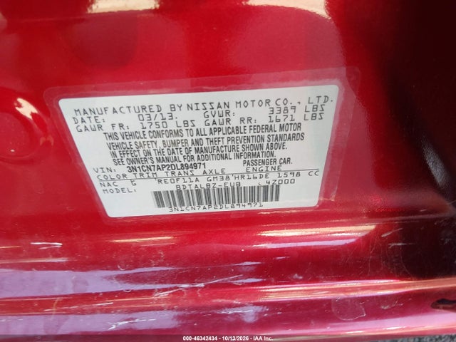 Продаж на аукціоні авто 2013 Nissan Versa 1.6 Sv, vin: 3N1CN7AP2DL894971, номер лоту: 46342434